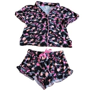 Mentally Exhausted Super Soft Black and Pink Pajama Top Short Set Size Medium